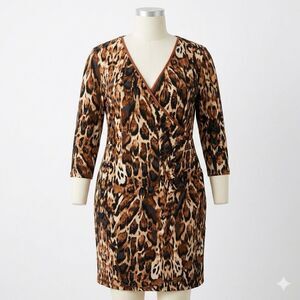 John Meyer Dress Womens 20W Brown Black Faux Wrap Animal Print Mob Wife Midi